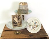 Dessert Pedestal Stands, Trio Ceramic Cupcake Stands, Wedding Candy Bar, Spring Decor,  Vintage Chalkboard Frame,  Brass Candlesticks