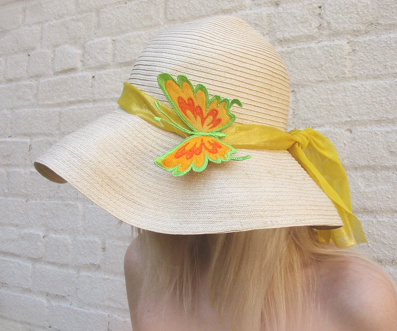 Eco Friendly Upcycled Wide Brim Wheat STRAW HAT with embroidered BUTTERFLY