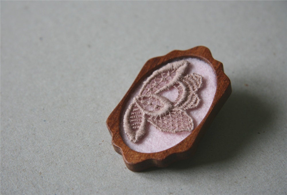 Dusky Rose Pink on Soft Pink Felt Brooch, Lace and Mahogany Series