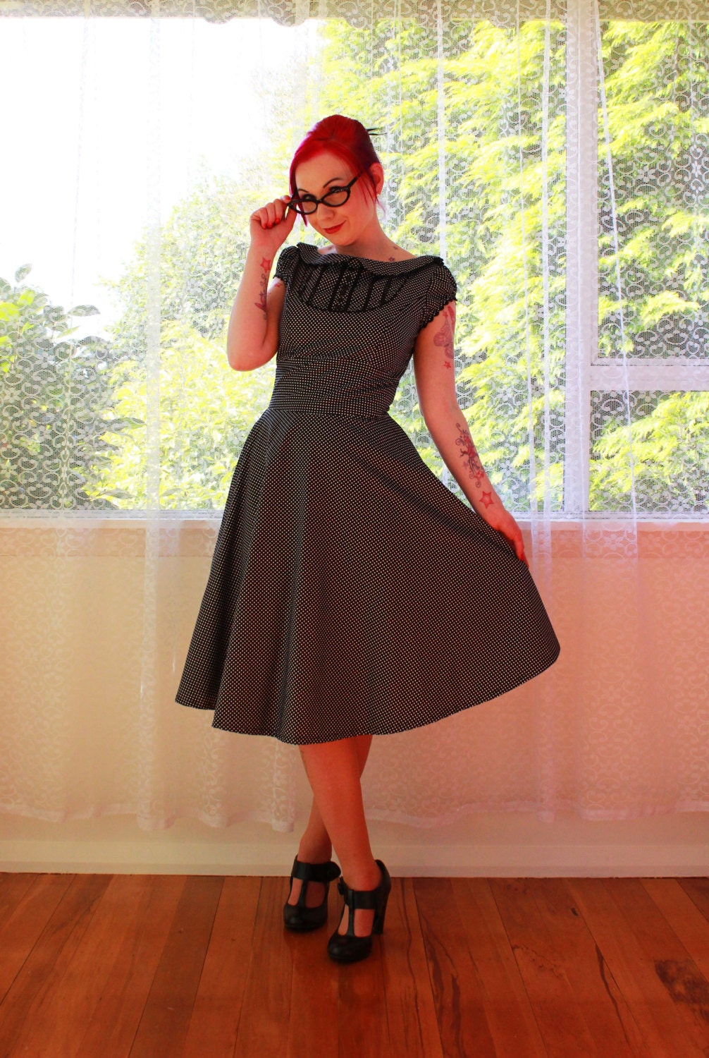 1950s Retro "Mary" Office Dress with Full Skirt, Peter Pan Collar and Puff Sleeves - Any Colour -Custom made to Fit