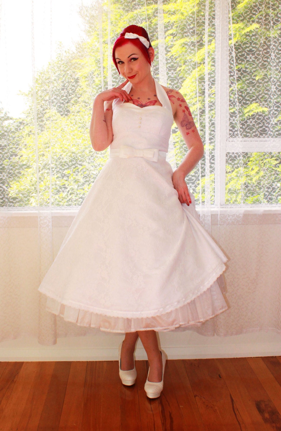 1950s Rockabilly Wedding Dress 'Clarissa' with Lace Overlay, Sweetheart Neckline, Tea Length Skirt and Petticoat - Custom made to fit