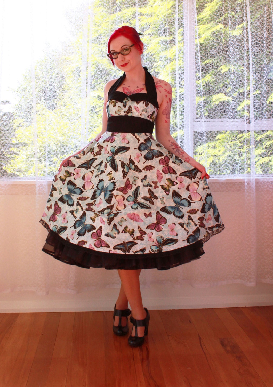 Rockabilly Butterfly "Carla" Dress with Halterneck,Heart Button Detail, Black Trim and Full Skirt - Custom made to fit