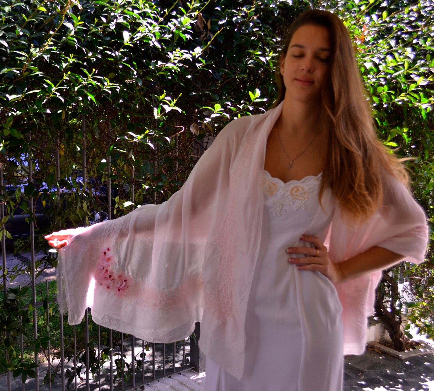 Pale Pink Bridal Wrap  silk felted  Shawl with felted flowers