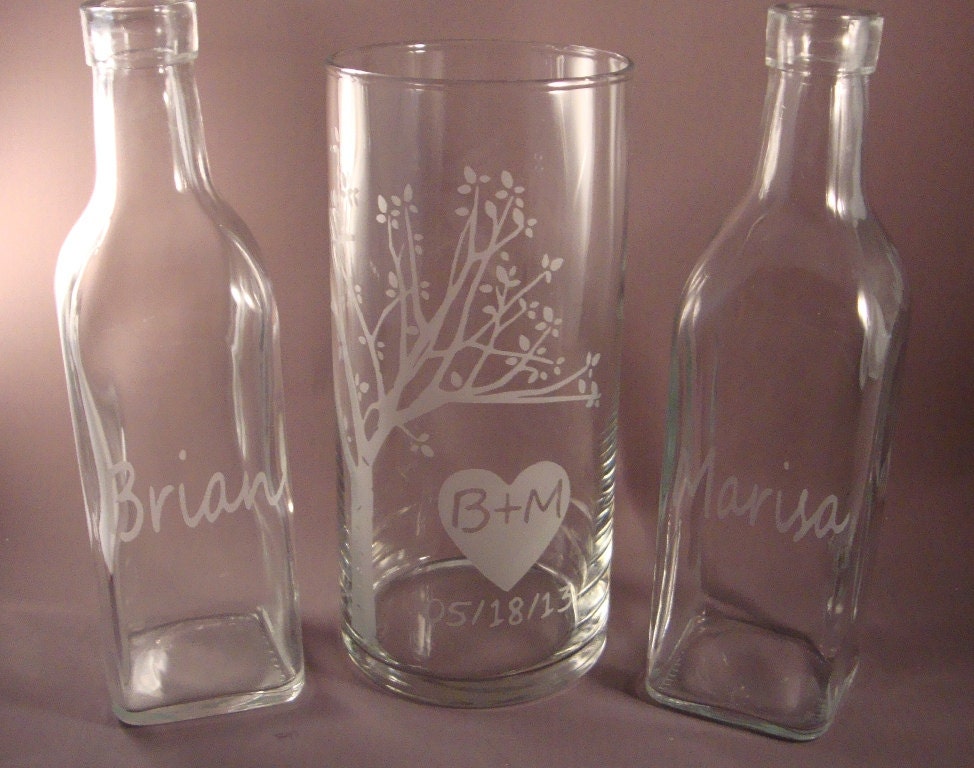 Wedding Sand Unity  Set - Rustic Personalized for the Bride and Groom -  Custom Etched Glass