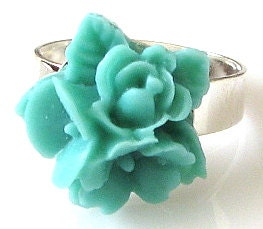 aqua flower ring, teal rose ring, bouquet flower ring, silver ring adjustable ring, seafoam flower jewelry bouquet mint green