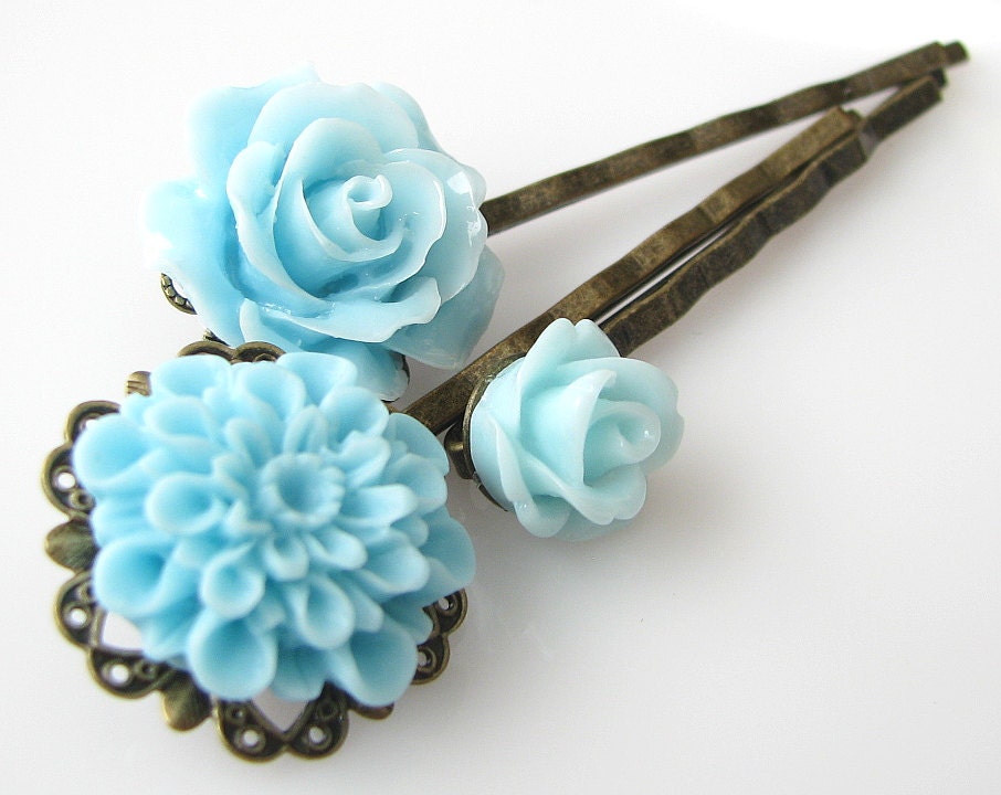 flower bobby pins set, light blue hair pins, something blue flower hair accessories rose hairpins chrysanthemum