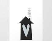 Modern, House, Home Decor, Clouds, Simple, Print. Illustration, Shabby Chic 8 x 10 Duck Egg Blue,Grey