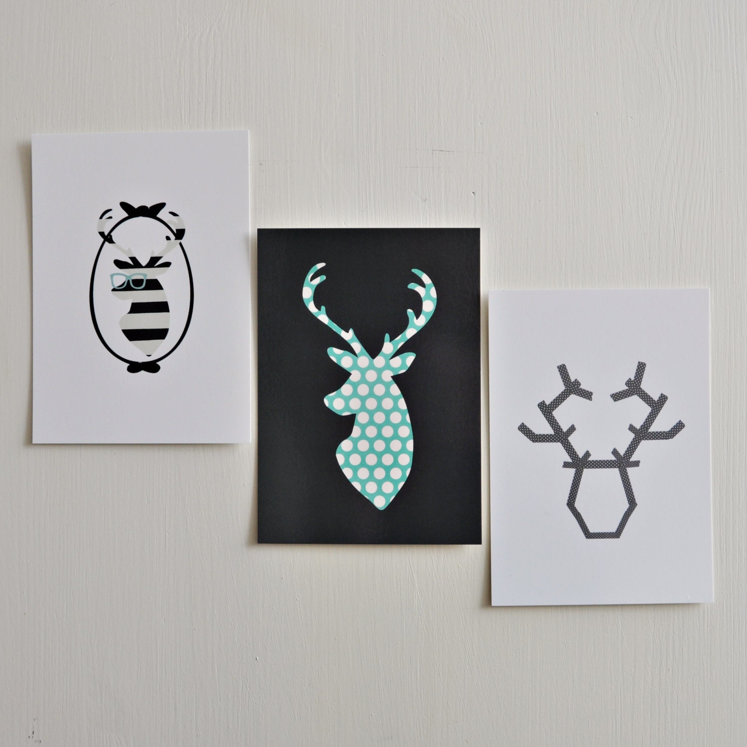 Postcards set of 3, Modern, Accessories, Home Decor, Deer, Simple, Illustration, Shabby Chic,