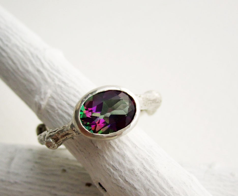 Oval Mystic Topaz Silver Branch Ring, 8 x 6mm