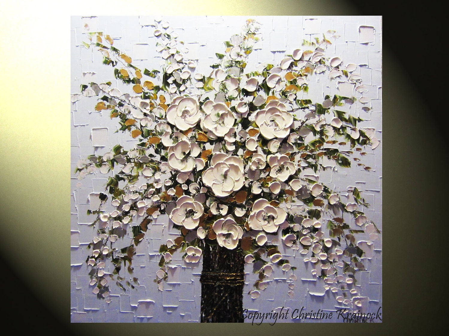 Original Abstract Oil Painting White Flower Bouquet Textured Spring Flowers Modern Palette Knife Metallic Silver Gold 30x30" -Christine