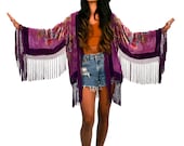 Purple Floral Velvet Burnout Gypsy Fringe Beaded Kimono Jacket