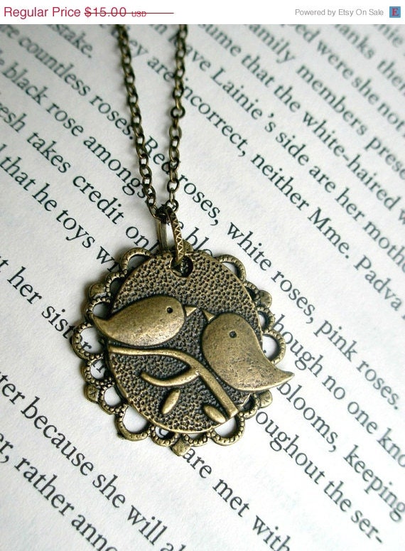 SALE Bird necklace- Filigree necklace- Two birds on a branch- Kissing birds- Antique brass necklace- Nature- Bird- Flower- Leaf