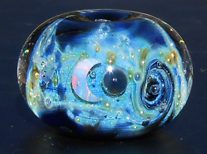 Twin Moons Galaxy Bead Handmade Boro Lampwork Glass Galaxy Bead Focal With Gilson Opal Star and Pure Silver