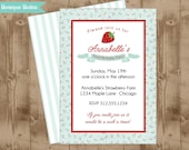 Printable Vintage Strawberry Farm Party Invitation Light blue and red