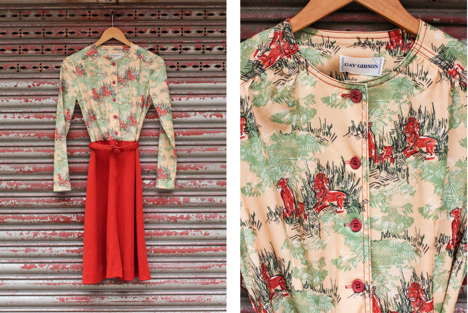 Vintage Lion Scene Dress with Belt