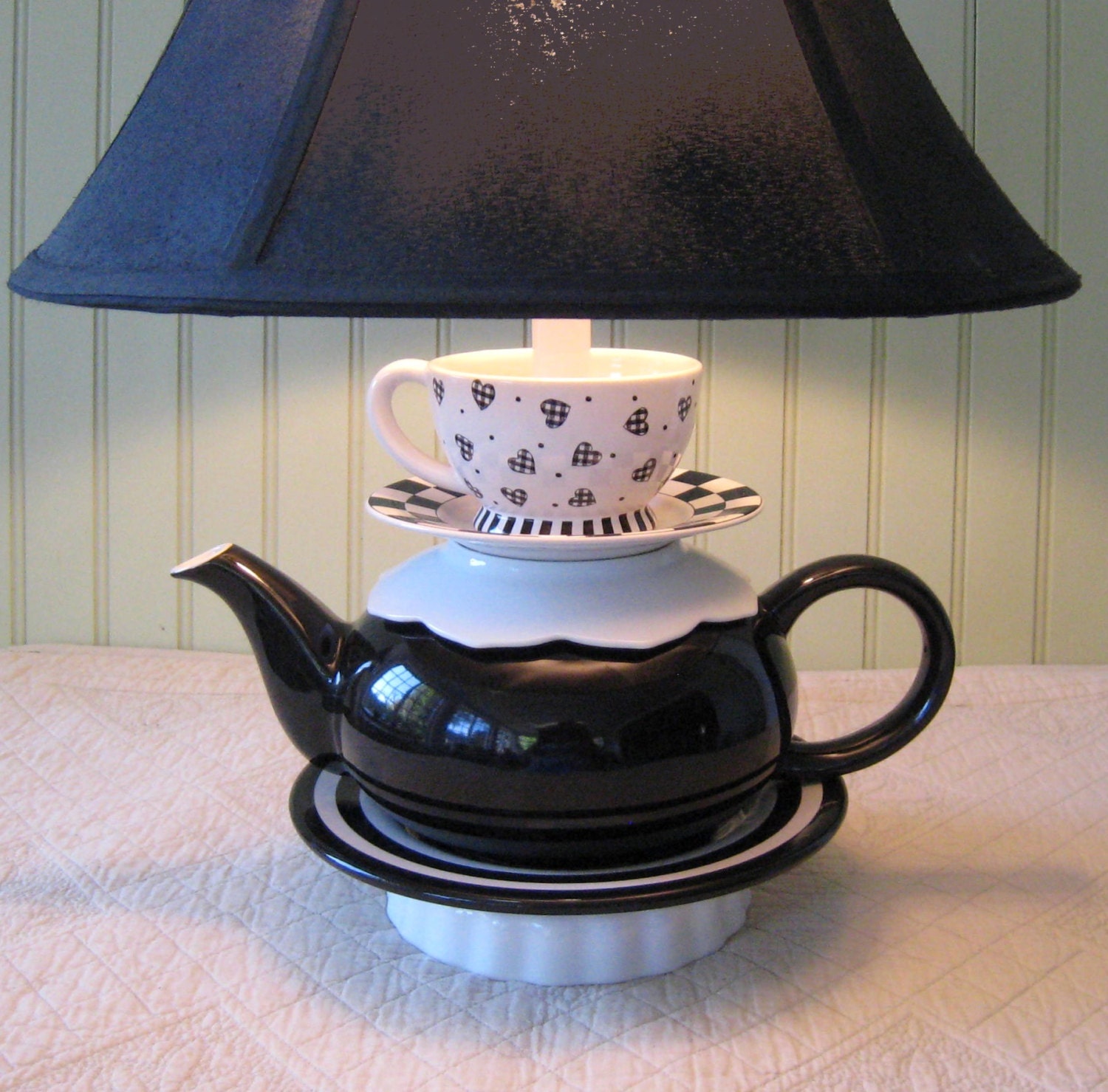Teapot Lamp, Black and White, Stacked Teapot, Heart Tea Cup, Check and Striped Saucers  Shabby Chic Country French, "Ryleigh" Series