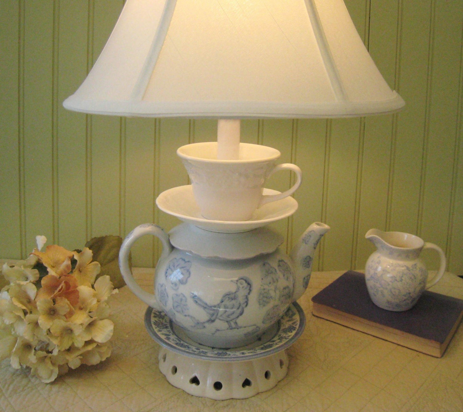 Teapot Lamp, Blue and White Bird Teapot, Tea Cup and Saucers, Alice in Wonderland Shabby Chic Cottage "Alison" series