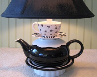 Teapot Lamp, Black and White, Stacked Teapot, Heart Tea Cup, Check and Striped Saucers  Shabby Chic Country French, "Ryleigh" Series
