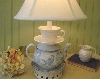Teapot Lamp, Blue and White Bird Teapot, Tea Cup and Saucers, Alice in Wonderland Shabby Chic Cottage "Alison" series