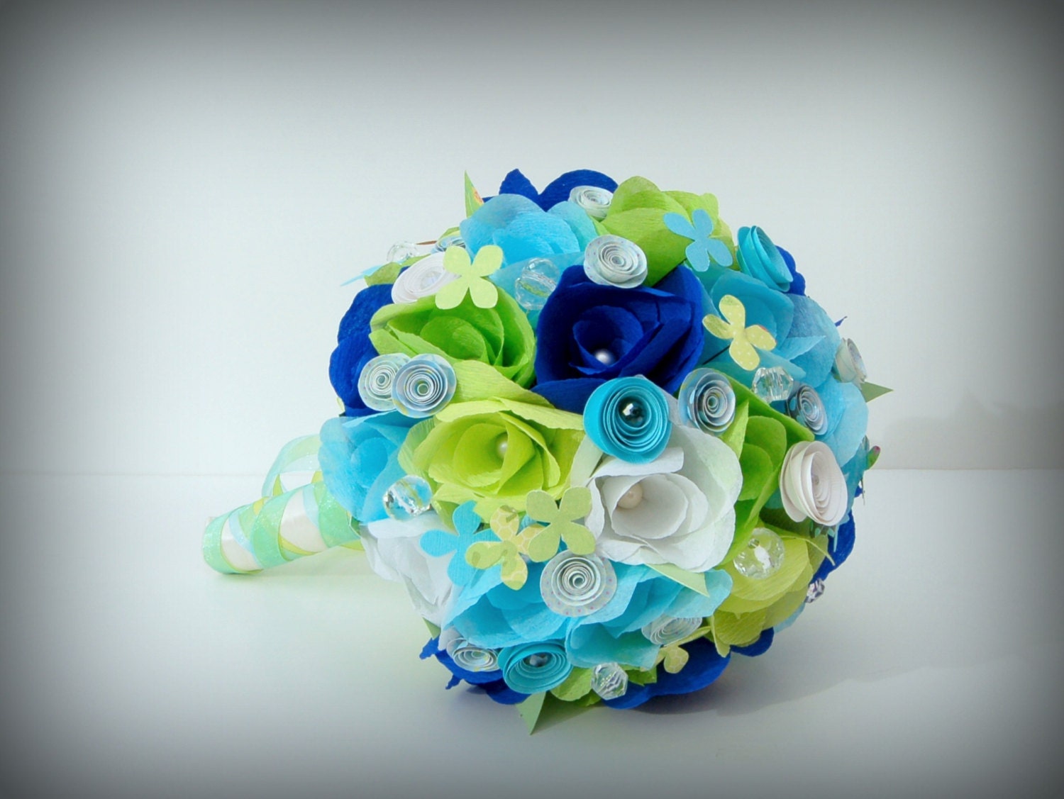 Wedding Bridal Paper Flower Bouquet - Blue and Green
