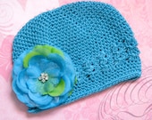 Baby Beanie Hat, Baby Crochet Hat, Turquoise and Lime Flower Clip and Turquoise Hat Set, Photography Prop