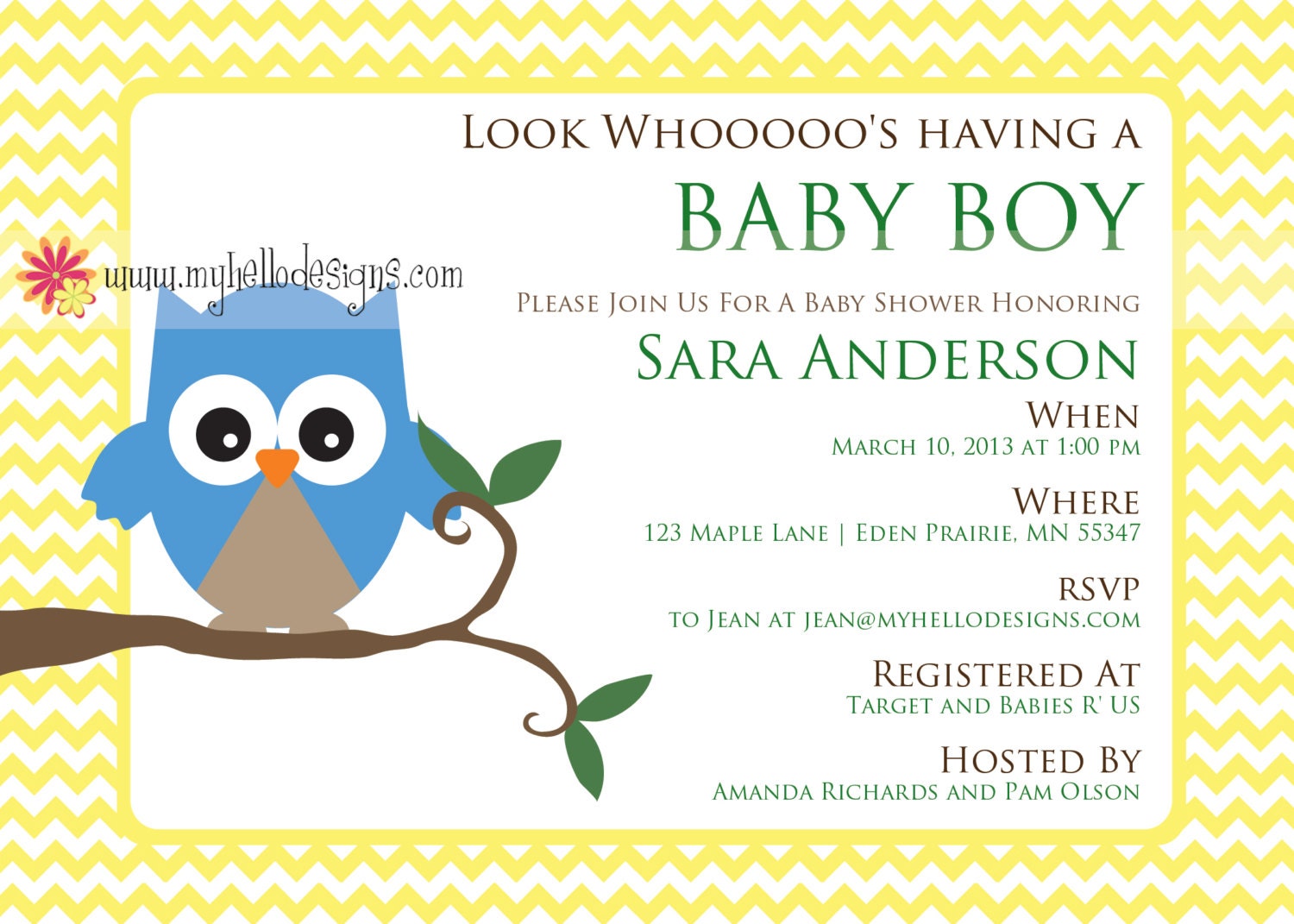 Owl Baby Shower Invitation with Chevron Background