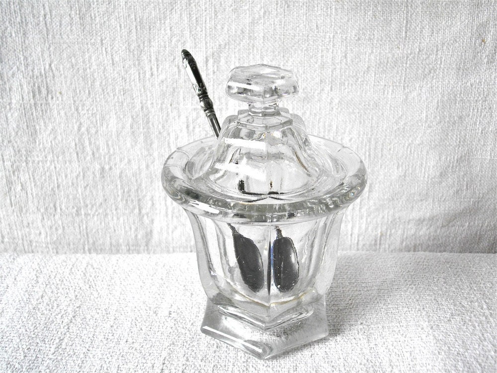 French antique adorable glass mustard pot from the 1940s.