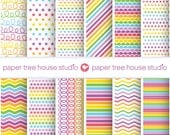 Digital Papers - Rainbow Stripes, Polka Dots, Stars, Hearts, Zig Zag - Twelve 8.5 x 11 or 12 x 12 inch Print Ready Files - ID 1033