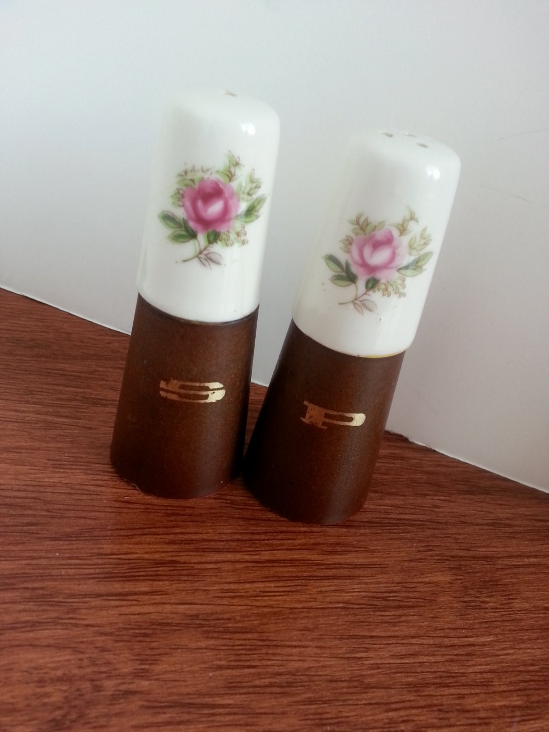 Vintage Floral wood and ceramic salt and pepper shakers