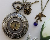 Steampunk Zodiac Constellation Pocket Watch Necklace with Rose Key, Rose Flower and Swallow Charm