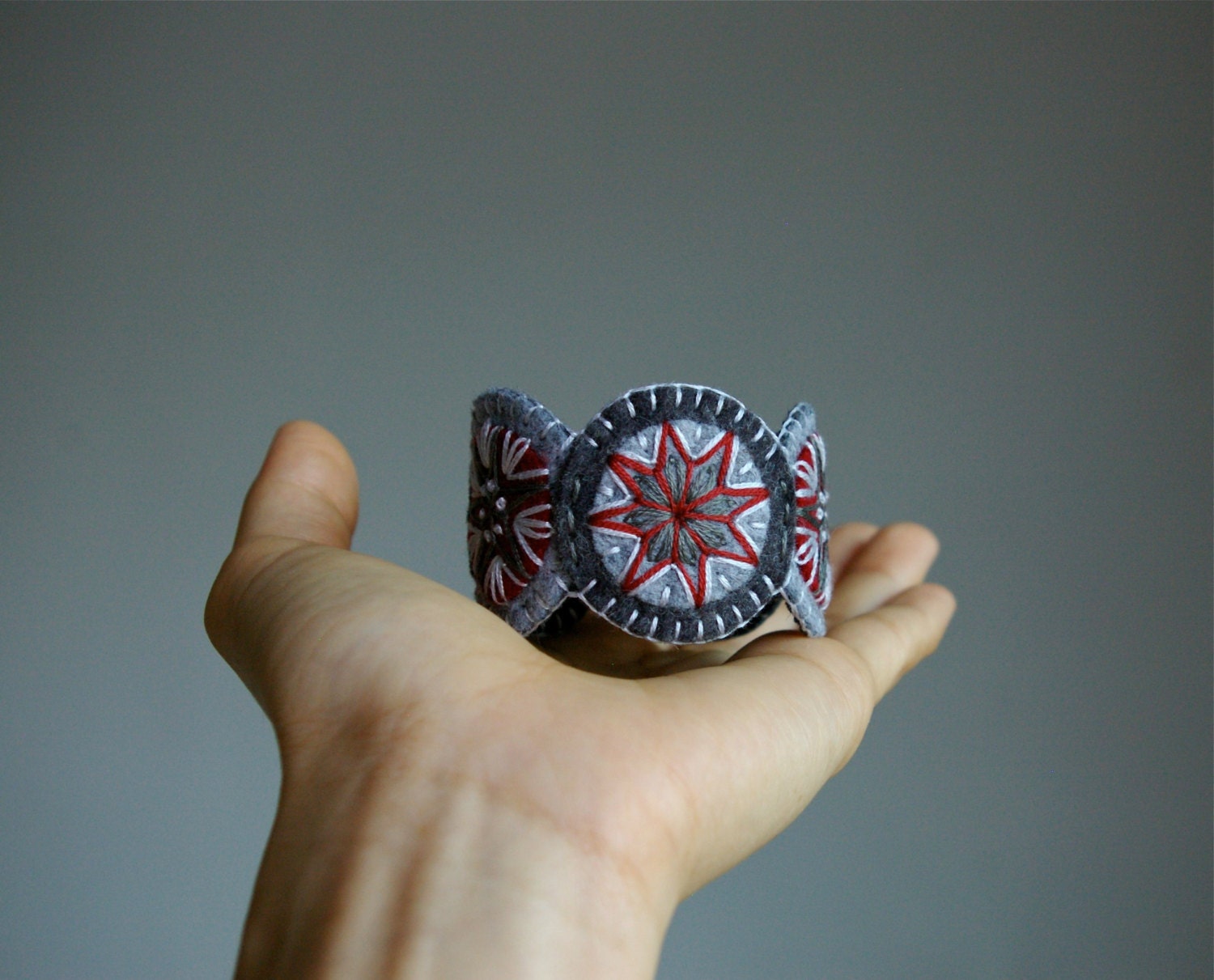 Penny Wool Felt Bracelet Wristband Cuff // Red & Grey // Hand Embroidered // LoftFullOfGoodies