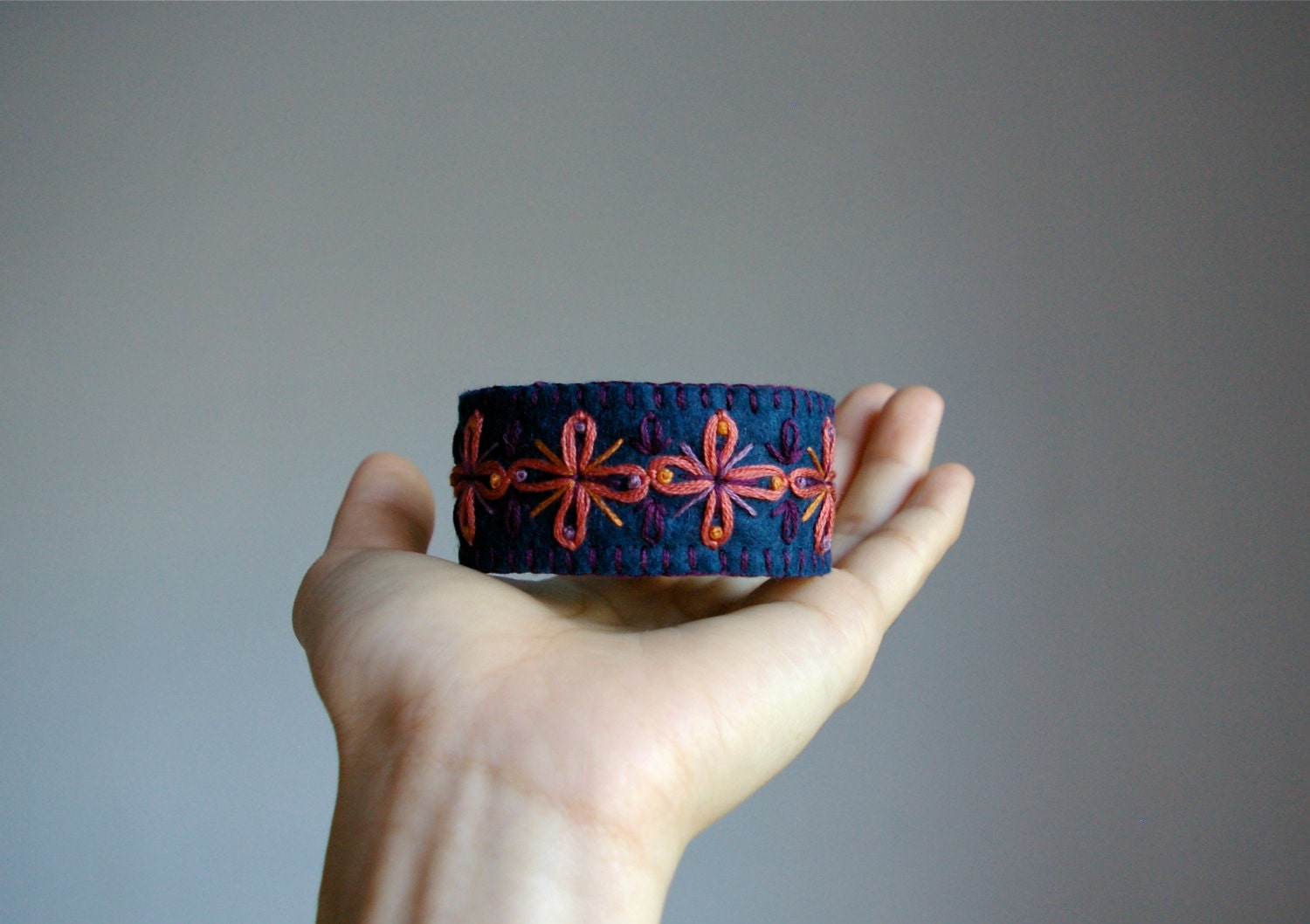 Wool Felt Bracelet Wristband Cuff // Hand Embroidered // Midnight Blue // LoftFullOfGoodies