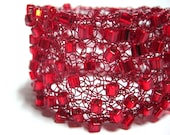 Red Wire Knit Cuff, Statement Bracelet with Scarlet Red Cube Beads