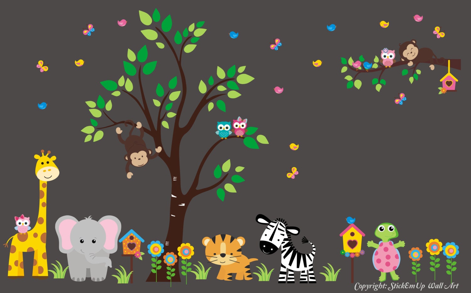 Tree Wall Decal with Giraffe, Elephant, Tiger, Zebra, Turtle, Monkeys - Nursery Wall Decal - Children Wall Decal - 471