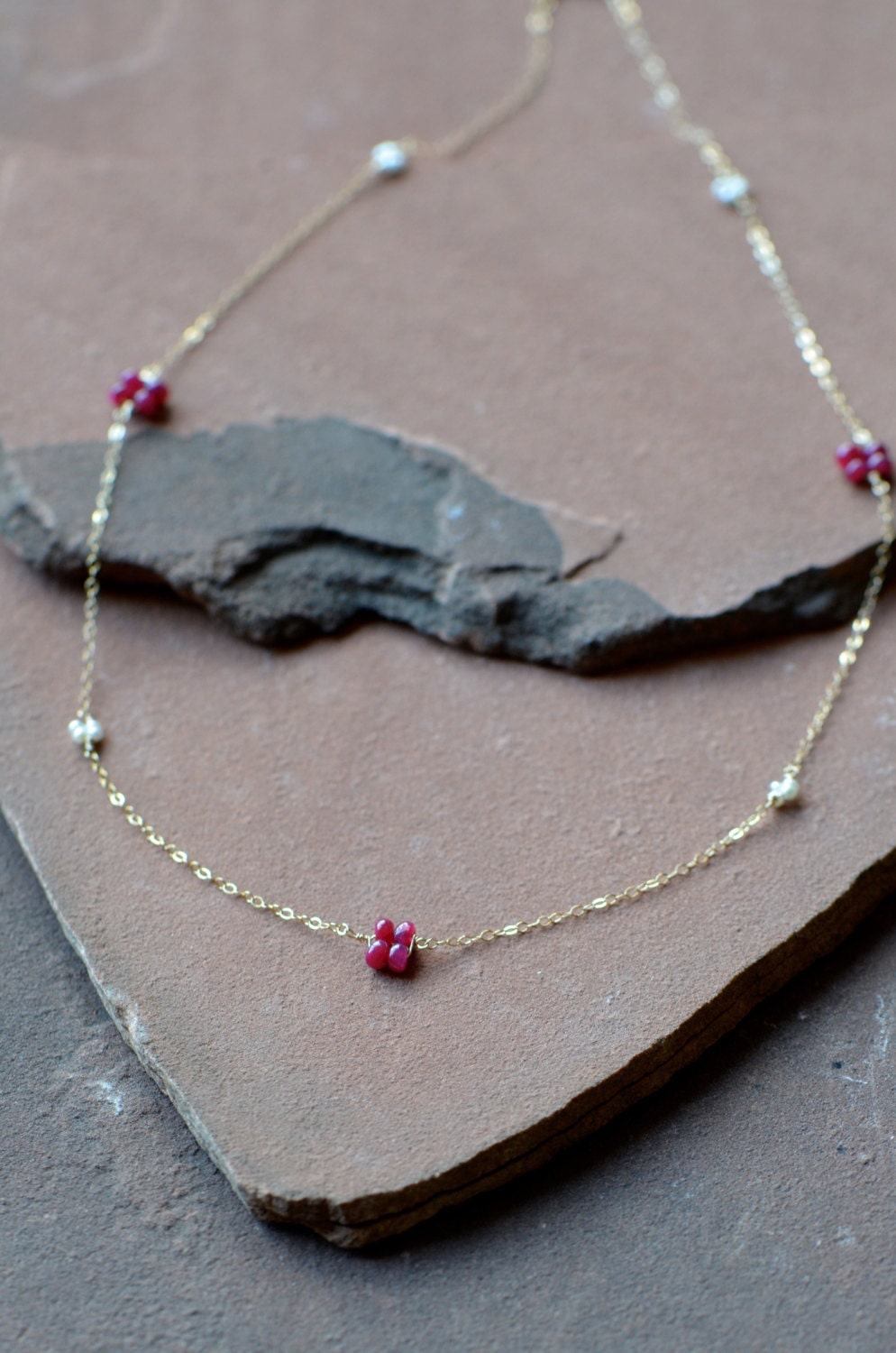 Ruby and Pearl Posy Necklace, Natural Ruby, Freshwater Pearls, 14k Gold Filled