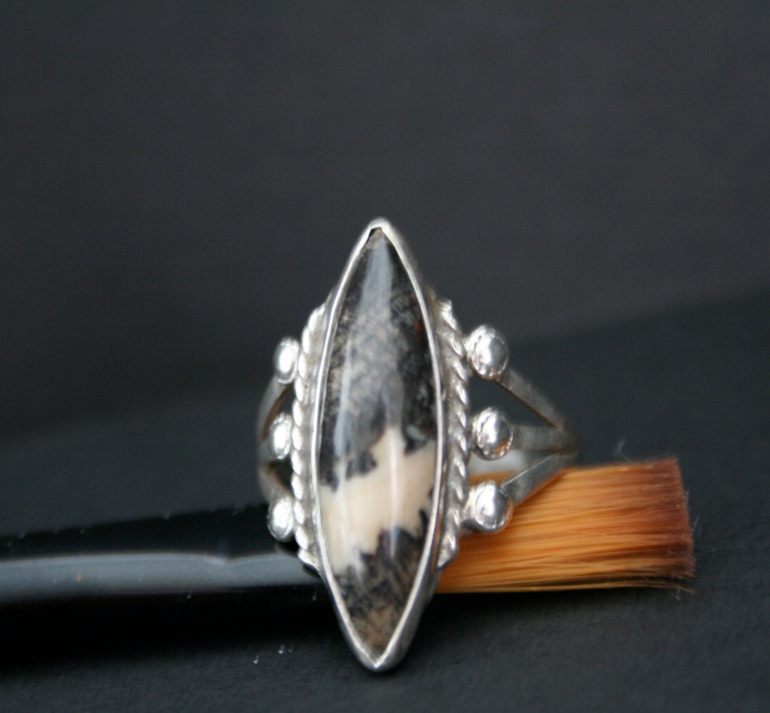 Sterling Silver and natural black and white Agate Ring