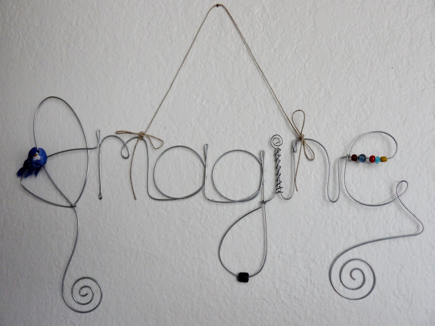 Imagine Wire Word Wall Hanging Photo Holder Picture Frame, Multi Picture Collage, Blue Bird, Wall Decoration, Unique Gift