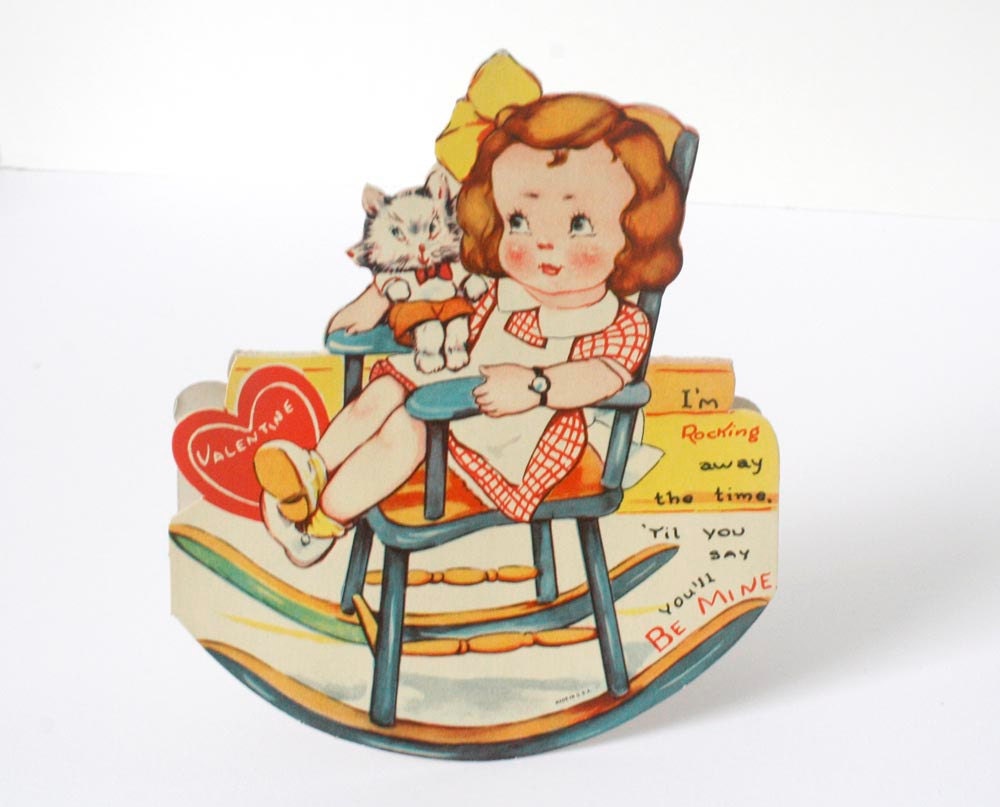 Vintage Valentine, rocking chair diecut, 1940