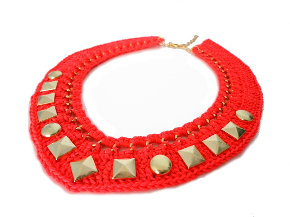 Neon Color Crochet Studded Collar Bib Necklace