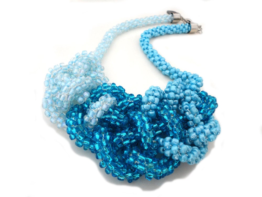 Blue Beaded Crochet Knot Statement Necklace
