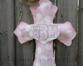 Cross with Baby Burlap Door Hanger in Pink Ribbon Baby Girl with Initials