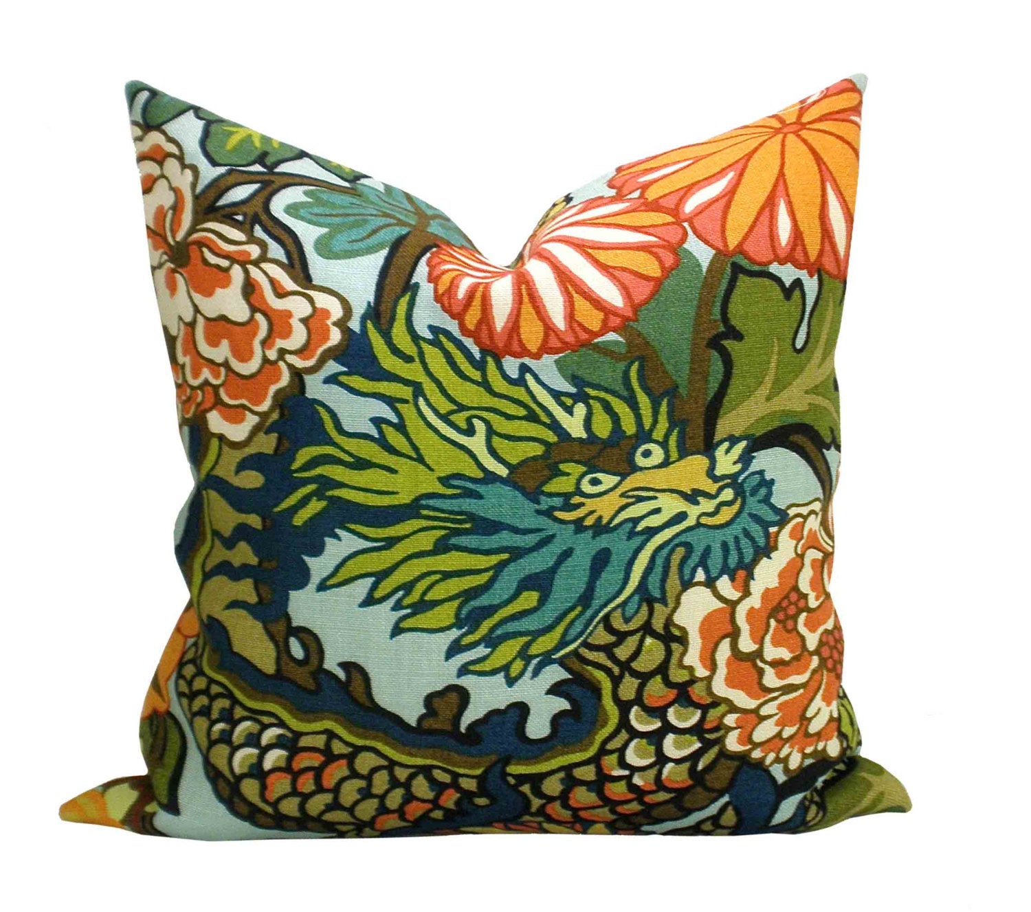 Pair of TWO Schumacher Chiang Mai Dragon pillow covers in Aquamarine - 18 x 18, 20 x 20, or 22 x 22