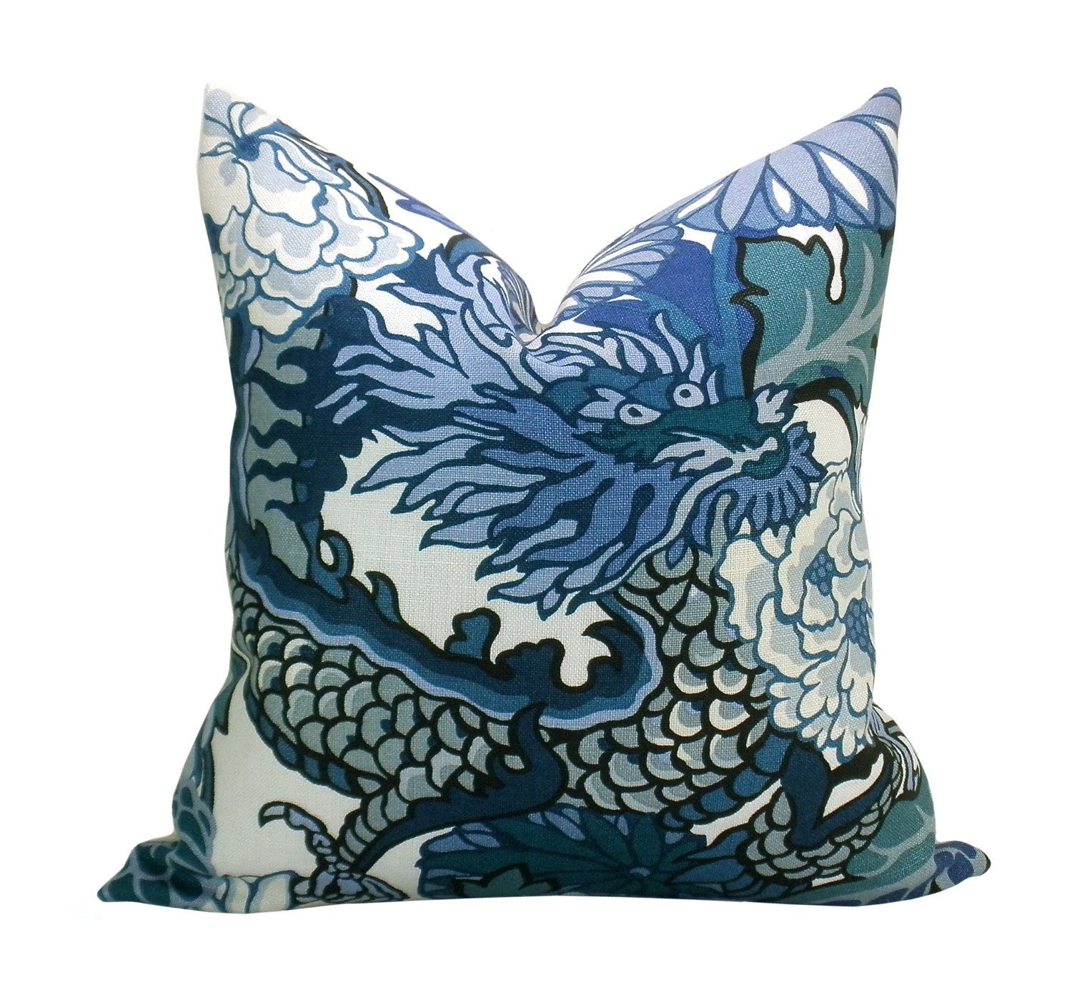Pair of TWO Schumacher Chiang Mai Dragon pillow covers in China Blue - 18 x 18, 20 x 20, or 22 x 22