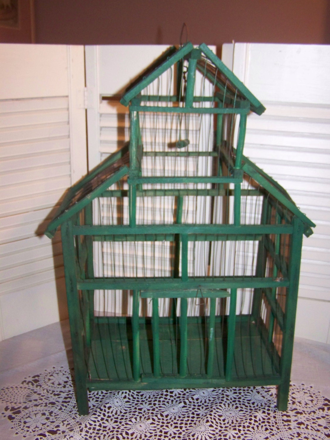 Vintage wood n wire shabby decorative bird cage, ornate French inspired, cottage chic, large 22" tall