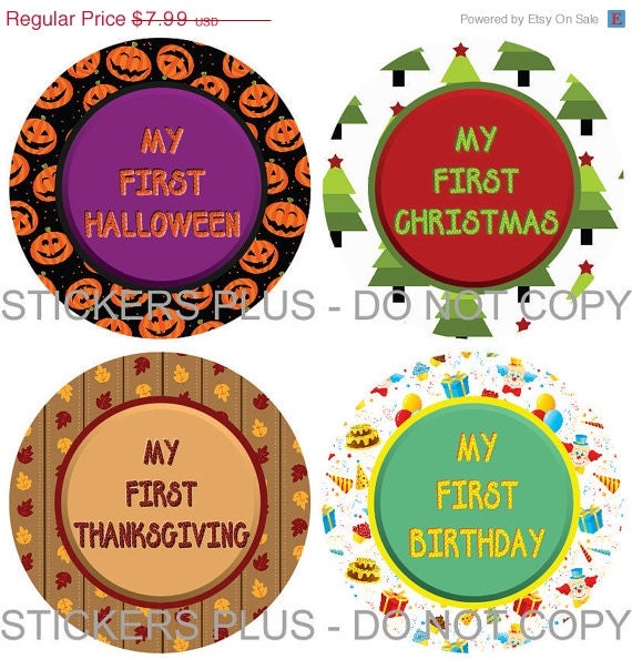 SALE First Birthday Holidays Baby Onesie Stickers Boy or Girl - Christmas 1st Birthday Halloween Easter Thanksgiving and More