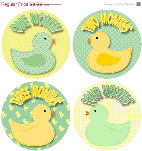 SALE Monthly Onesie Baby Stickers Rubber Ducks Ducky Duckies Girl or Boy Green Yellow Dots - 1-12 Months - Plus Just Born - Gift