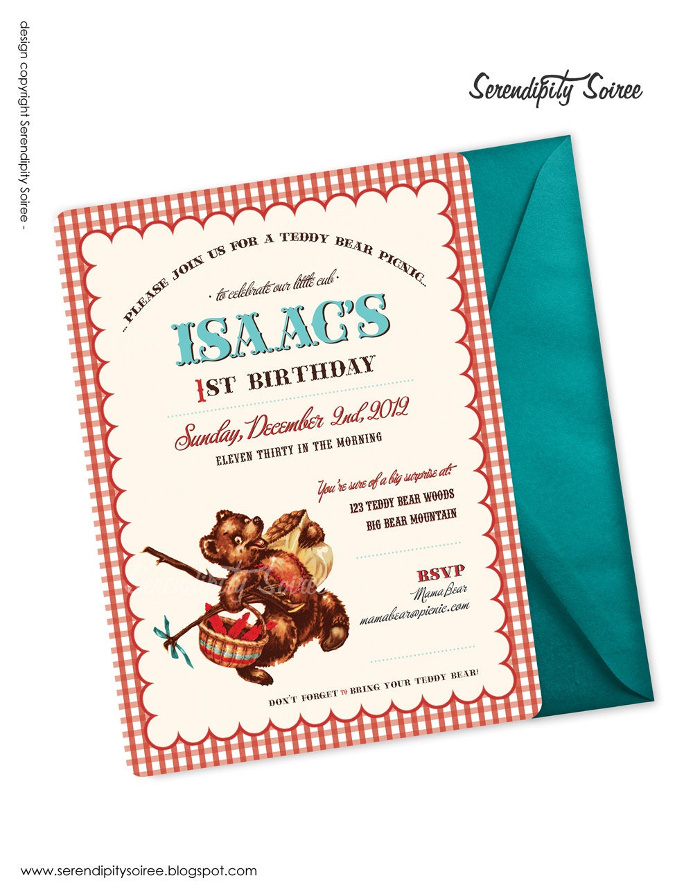 Teddy Bear Picnic (Red - Boy) - Custom Printable Invitation - Teddy Bear party, Picnic Birthday Il_170x135
