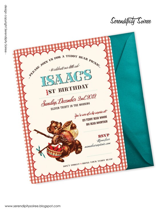 Teddy Bear Picnic (Red - Boy) - Custom Printable Invitation - Teddy Bear party, Picnic Birthday Il_570xn