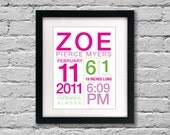 Modern Typography Birth Poster with stats: 11x14 inches