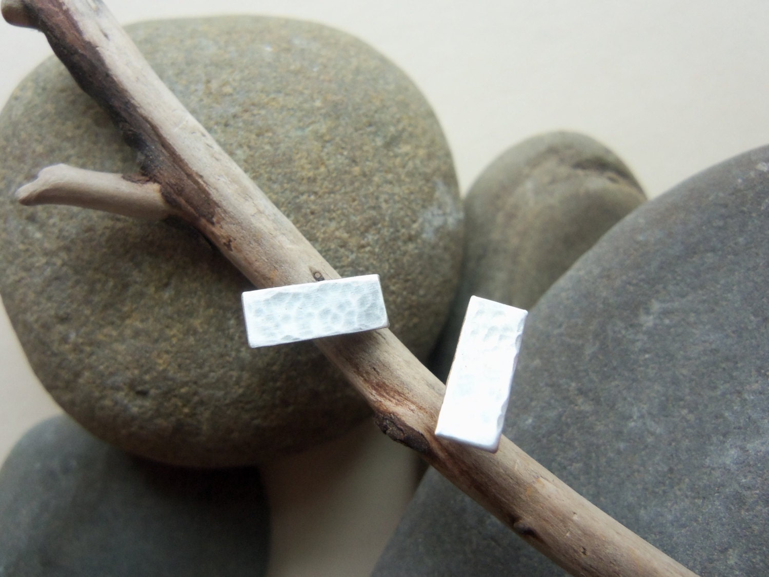 Minimalist Silver Studs. Simple Hammered Sterling Silver Rectangle Earrings
